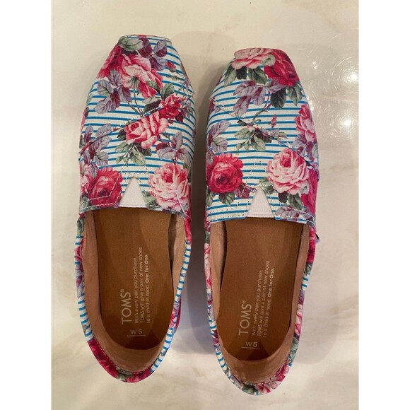 Toms Classic Floral Striped w/ Roses Casual Comfortable Size W 5 Slip On Flats - Picture 2 of 8